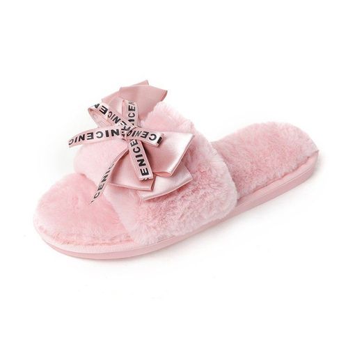 Mignons Chaussons En Peluche Type Mules Pour Femmes, Pantoufles Plates Et Chaudes Avec Fausse Fourrure Et NUd Papillon, Disponible En Grande Taille 41 - 35 1/2