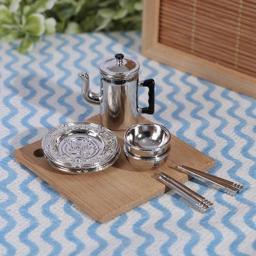 Mini Ensemble De Cuisine Pour Maison De Poupe, Bouilloire  L'chelle 1:12 + 2 Assiettes + 2 Bols + 2 Paires De Baguettes, Jouets De Jeu