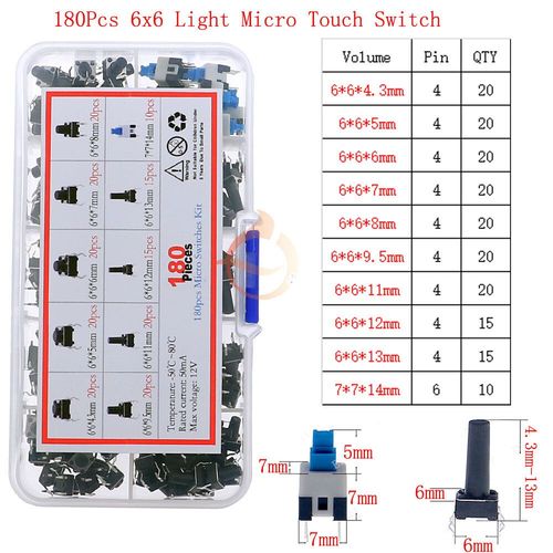 Mini Interrupteur  Bouton-Poussoir Tactile Momentan,Tlcommande De Voiture,Bouton Tactile Prdire,Dip On/Off,Micro-Interrupteur Bricolage Smd,Kit Mixte - Type 180pcs X 10value