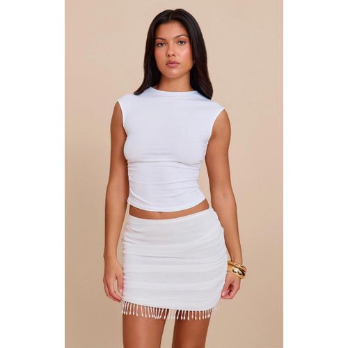 Mini-Jupe En Mousseline De Soie Blanche  Franges Perles Sur L'ourlet, Blanc