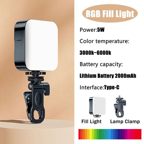 Mini lampe de poche LED pour selfie RVB,vido,3000K-6000K,2000mAh,appareil photo de type C,document complet,Hot Shoe - Type light with clamp