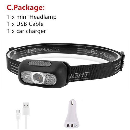 Mini Lampe Frontale R5 Led, Rouge Et Blanc, Torche Rechargeable Par Usb, Lampe Torche De Camping + Ligne Usb