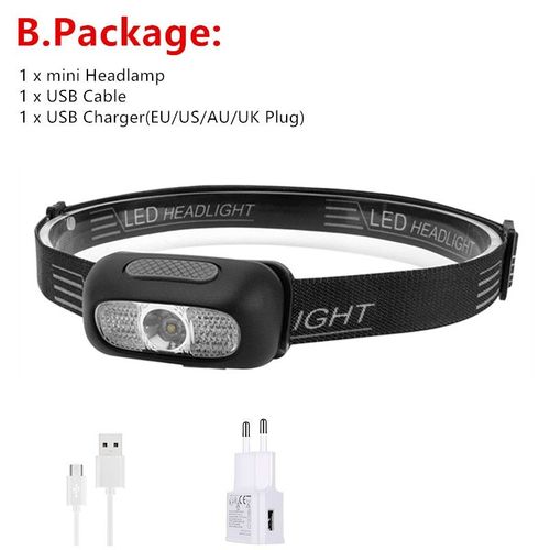 Mini Lampe Frontale R5 Led, Rouge Et Blanc, Torche Rechargeable Par Usb, Lampe Torche De Camping + Ligne Usb