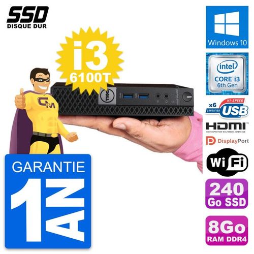 Mini PC Dell 5050 Micro Core i3-6100T RAM 8Go SSD 240Go HDMI Windows 10 Wifi