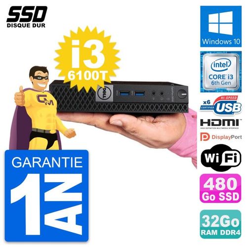 Mini PC Dell 5050 Micro Intel i3-6100T RAM 32Go SSD 480Go HDMI Windows 10 Wifi