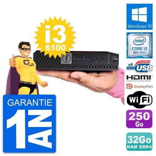 Mini PC Dell 7040 Micro Core i3-6100T RAM 32Go Disque 250Go HDMI Windows 10 Wifi