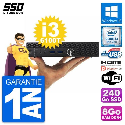Mini PC Dell OptiPlex 3050 Micro i3-6100T RAM 8Go SSD 240Go HDMI Windows 10 Wifi