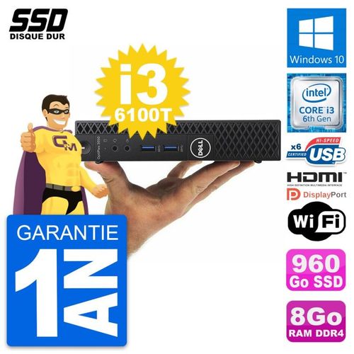 Mini PC Dell OptiPlex 3050 Micro i3-6100T RAM 8Go SSD 960Go HDMI Windows 10 Wifi