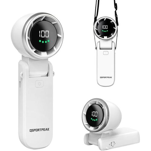 Mini Portable Turbo Fan,180 Foldable Fan,5 Speed,LCD Display,Ultra Quiet,4000mAh,Suitable for Travel/Camping/Outdoor,Lanyard,3-IN-1 Hand/Office/Neck Fan,White