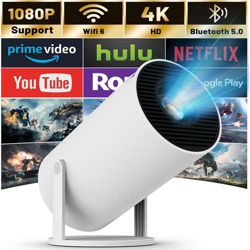 Mini Projecteur 4K Supporte,Videoprojecteur Portable Wifi 6 Bluetooth,Projecteur Video Avec Auto Keystone,130 Pouces,Retournement  180 Degrs,Dystme D'Exploitation Android 11.0 (Beige)