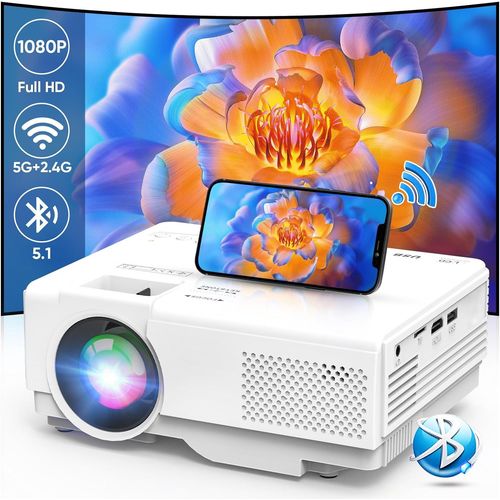 Mini Projecteur Video 5G WiFi Bluetooth 1080P Full HD, 12000L Videoprojecteur Portable avec 50% Zoom, Retroprojecteur Home Cinma Compatible avec iOS/Android/PC/TV Stick