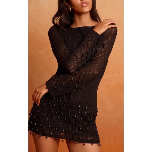 Mini Robe Texture Noire  Manches Longues Et Perles, Noir