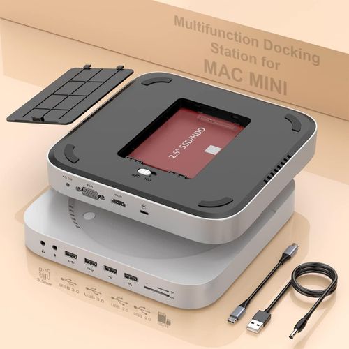 Mini Station D'Accueil Pour Mac Mini M2/M1 Avec Hdmi, Vga, Ssd/Hdd Sata, Usb3.0, Usb 2.0, Tf Et Sd, Prise Vido/Audio Pour Mac Mini M2, Mac Studio[GBP6272604]
