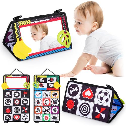 Miroir Bebe Eveil Montessori Jouet Bebe 6 Mois Noir et Blanc Jouets Sensoriels Jeux avec Miroir Pliable pour Nouveau-n Jouet Bb 0 3 6 9 12 Mois avec Livre en Tissu Doux, Alphabet.[G66]