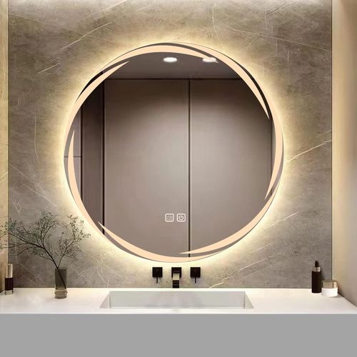Miroir De Salle De Bain Rond  Motifs 500 Mm Miroir Mural, Miroir De Maquillage Anti-Bue Grand Cercle, Lumire Led 3 Couleurs  Intensit Variable, Ip44 (Tourbillon)[Rac62410447]