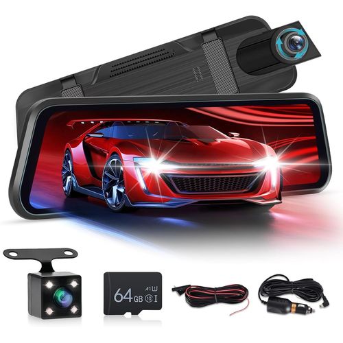 Mirror Camera with 64G TF Card,9.66 Inch 1080P Full HD Touch Screen/Loop Recording/150 Wide Angle/Night Vision/Exposure Compensation + Backup Camera