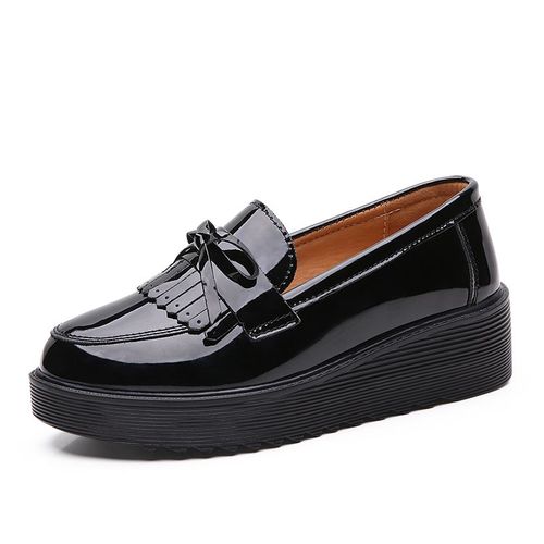Mocassins  Franges En Cuir Verni Noir Pour Femmes,Chaussures Plates  Enfiler,Bout Rond,Dcontractes,Printemps Automne