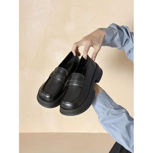 Mocassins Avec Fourrure Pour Femmes,Chaussures  Plateforme Ronde,Style Britannique,Bouche Peu Profonde,Chaussures D'automne Pour Femmes,Bottes Dcontractes,Noir - 39