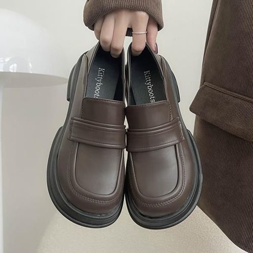 Mocassins Avec Fourrure Pour Femmes,Chaussures  Plateforme Ronde,Style Britannique,Bouche Peu Profonde,Chaussures D'automne Pour Femmes,Bottes Dcontractes,Noir - 38