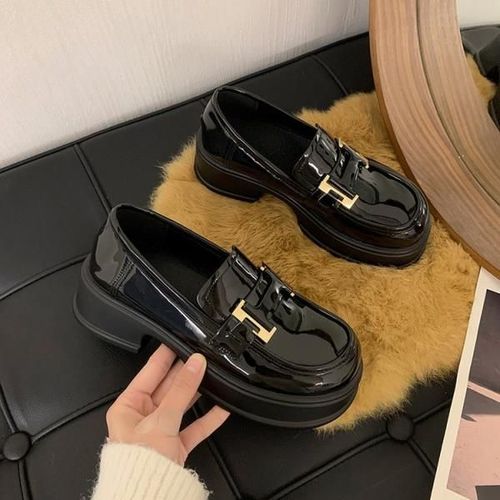 Mocassins Avec Fourrure Pour Femmes,Chaussures  Plateforme Ronde,Style Britannique,Bouche Peu Profonde,Chaussures D'automne Pour Femmes,Bottes Dcontractes,Noir - 38