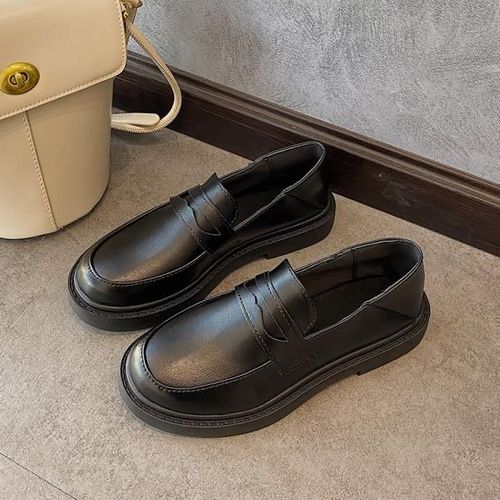 Mocassins Avec Fourrure Pour Femmes,Chaussures  Plateforme Ronde,Style Britannique,Bouche Peu Profonde,Chaussures D'automne Pour Femmes,Bottes Dcontractes,Noir - 38