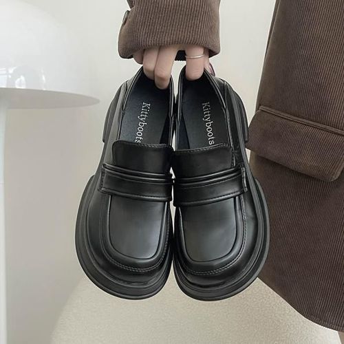 Mocassins Avec Fourrure Pour Femmes,Chaussures  Plateforme Ronde,Style Britannique,Bouche Peu Profonde,Chaussures D'automne Pour Femmes,Bottes Dcontractes,Noir - 36