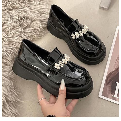 Mocassins Avec Fourrure Pour Femmes,Chaussures  Plateforme Ronde,Style Britannique,Bouche Peu Profonde,Chaussures D'automne Pour Femmes,Bottes Dcontractes,Noir - 39