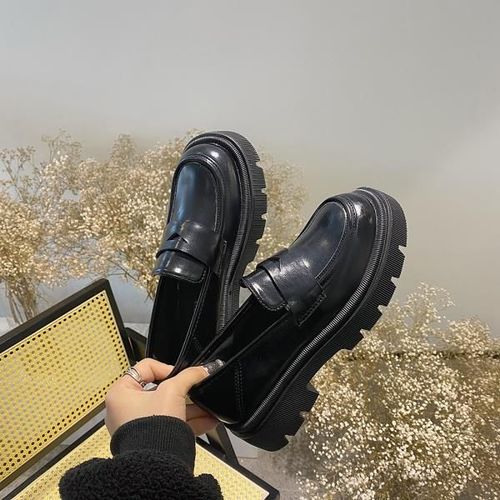 Mocassins Avec Fourrure Pour Femmes,Chaussures  Plateforme Ronde,Style Britannique,Bouche Peu Profonde,Chaussures D'automne Pour Femmes,Bottes Dcontractes,Noir - 37