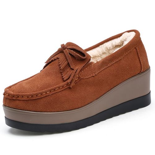 Mocassins En Daim Et Cuir Pour Femmes,Chaussures Plates  Semelle Souple,Avec Pompon,Collection Printemps-Automne