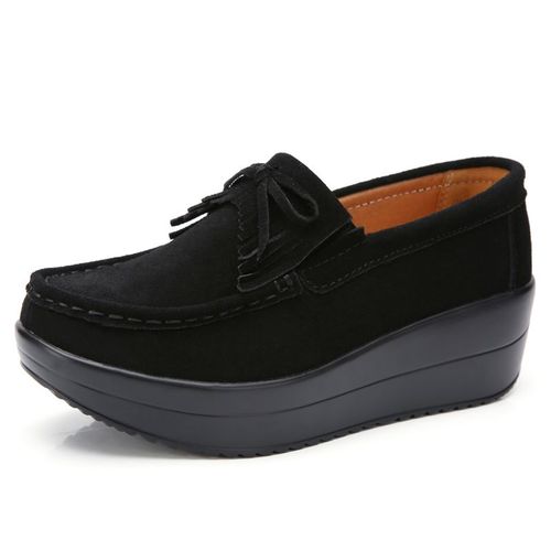 Mocassins En Daim Pour Femmes,Chaussures Plates,Plate-Forme,En Cuir Vritable,N?Ud  Gland, Enfiler,Printemps Automne, - 10