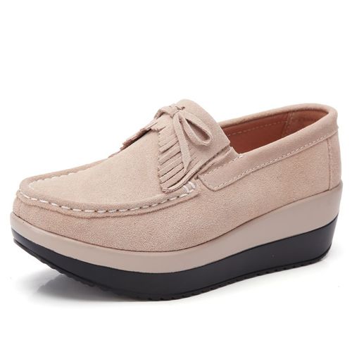 Mocassins En Daim Pour Femmes,Chaussures Plates,Plate-Forme,En Cuir Vritable,N?ud  Gland, Enfiler,Printemps Automne,