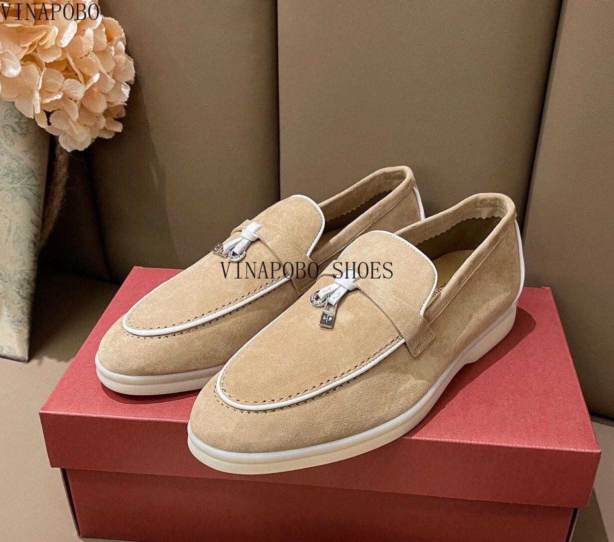 Mocassins En Daim Vritable Pour Femmes,Bord Incrust,Pendentif Pompon,Conception Dcontracte,Chaussures Plates,Slim, Enfiler,Amoureux,Chaussures De Marche - 39