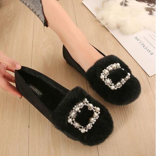 Mocassins En Fourrure De Lapin Vritable Pour Femmes,Chaussures Plates En Coton Pelucheux,Chaussures De Neige En Molleton,Chane Perle,Grande Taille,Dames,Hiver