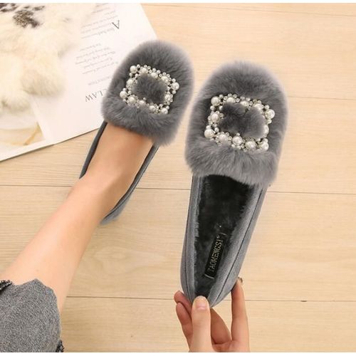 Mocassins En Fourrure De Lapin Vritable Pour Femmes,Chaussures Plates En Coton Pelucheux,Chaussures De Neige En Molleton,Chane Perle,Grande Taille,Dames,Hiver