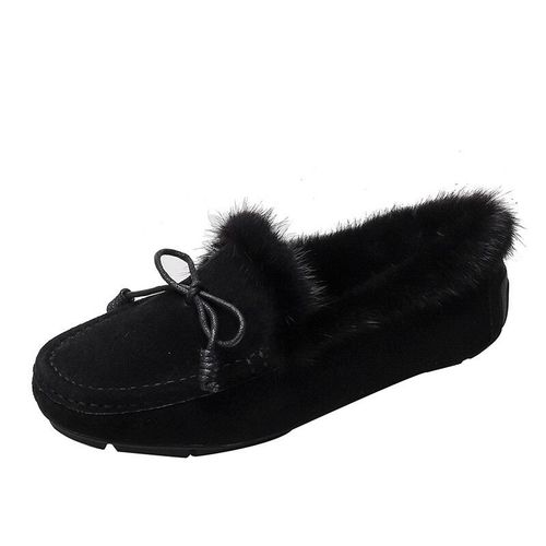 Mocassins En Fourrure De Vison Avec N?ud Papillon Pour Femmes,Chaussures D'hiver Chaudes En Peluche,Mocassins En Cuir Vritable,Chaussures En Coton En Peau De Mouton,2023