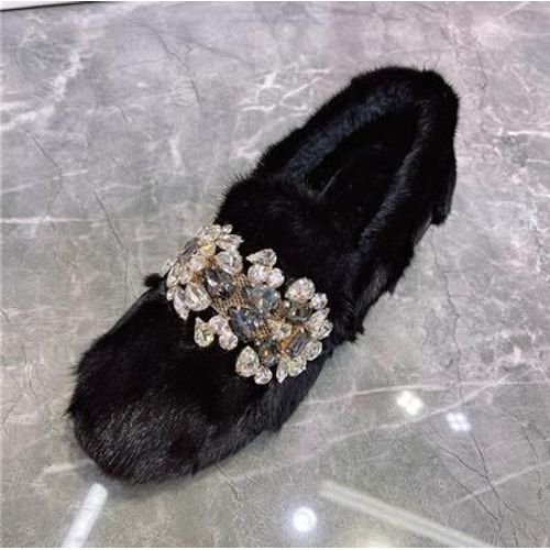 Mocassins En Fourrure De Vison Noir Pour Femmes,Semelle Optique Dcontracte,Mocassins,Chaussures De Neige Chaudes D'hiver,Espadrilles En Fourrure,Appartements Creepers - 40