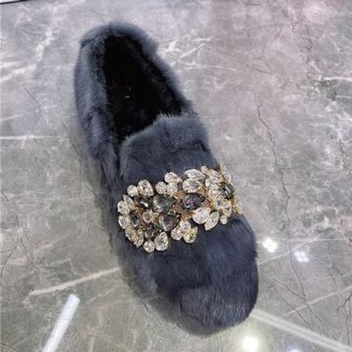 Mocassins En Fourrure De Vison Noir Pour Femmes,Semelle Optique Dcontracte,Mocassins,Chaussures De Neige Chaudes D'hiver,Espadrilles En Fourrure,Appartements Creepers - 37