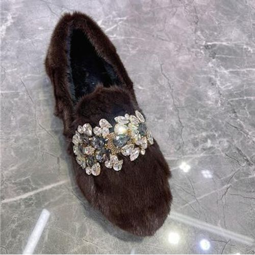 Mocassins En Fourrure De Vison Noir Pour Femmes,Semelle Optique Dcontracte,Mocassins,Chaussures De Neige Chaudes D'hiver,Espadrilles En Fourrure,Appartements Creepers - 40