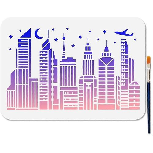 Modle De Peinture De Btiment Urbain De Taille A4, Pochoir De Scne Nocturne De Ville De Paysage Urbain Avec Pinceau 11,7 X 8,3 Pouces, Modle Rutilisable D'avion D'toiles De Lune Pour Woo