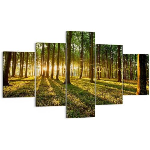 Moderne Impression Sur Toile Fort Vert Rayons Du Soleil Nature Image Tableau Decoration Murale Dcoration Salon Chambre Triptyque 5 Parties Tableaux Decoratif 100 X 55 Cm. (Sans Cadre)
