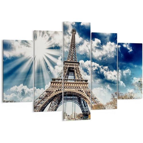 Moderne Impression Sur Toile Image Tableau Decoration Murale Architecture Btiment Ville Eiffel Tableaux Decoratifs Muraux Chambre Triptyque 5 Parties Dcorati 200 X 100 Cm. (Sans Cadre)