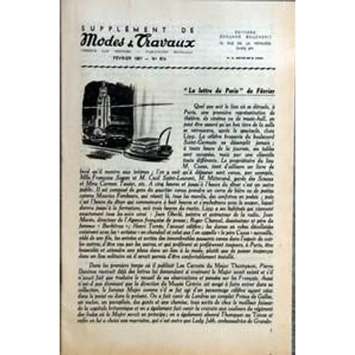 Modes Et Travaux N 674 Du 01/02/1957 - Supplement La Lettre De Paris De Fevrier - M. Cazes - Cecil Saint-Laurent - M. Mitterrand - Mme Carmen Tessier - F. Sagan - Maurice Fombeure - Jean Oberle - Roger Chancel - Jean Marin - Henri Torres - Le Maj...