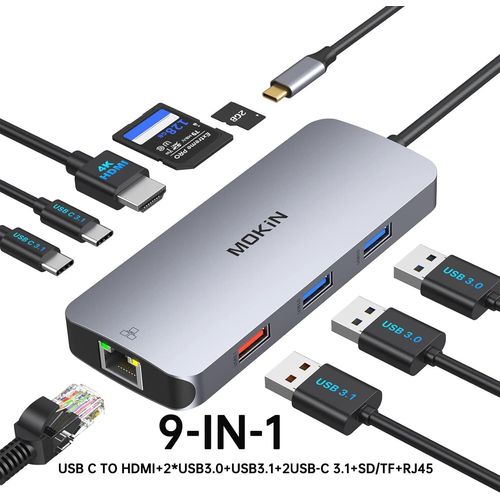 MOKiN Hub USB C,adaptateur USB C 9 en 1 avec HDMI 4K60Hz,DP,VGA,3 USB3.0,TF/SD,100W PD,Station d'accueil pour MacBook Air/Pro Lenovo - Type 9 IN 1(HDMI 10Gbps