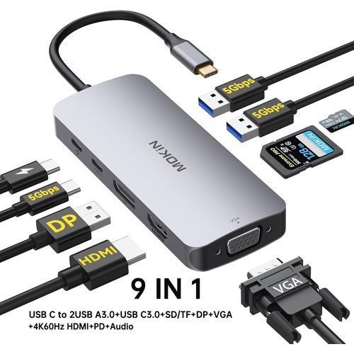 MOKiN Hub USB C,adaptateur USB C 9 en 1 avec HDMI 4K60Hz,DP,VGA,3 USB3.0,TF/SD,100W PD,Station d'accueil pour MacBook Air/Pro Lenovo - Type 9 IN 1(HDMI VGA DP
