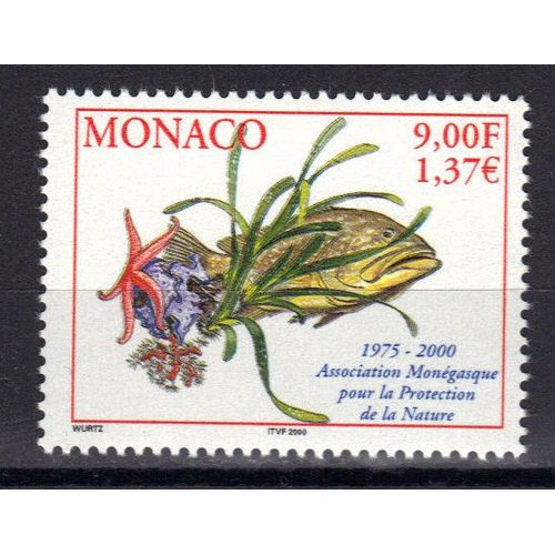Monaco 2000 : 25 Anniversaire De L'association Mongasque Pour La Protection De La Nature : Poisson, Algues, toile De Mer - Timbre 9 F. Multicolore Neuf **