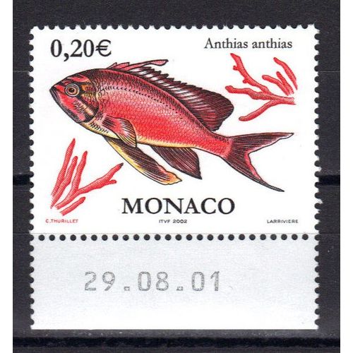 Monaco 2002 : Poisson : Anthias Anthias - Timbre Multicolore Neuf ** Avec Bordure Date 