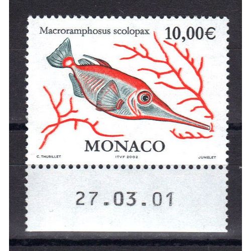 Monaco 2002 : Poisson : Macroramphosus Scolopax - Timbre 10  Multicolore Neuf ** Avec Bordure Date Cote 30 