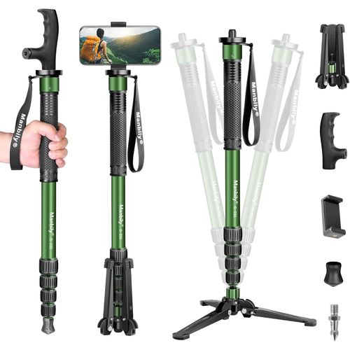 Monopode pour Appareils Photo 180cm avec Pied, Support de Poigne de Canne de Marche en Aluminium Lger avec Base Trpied de Voyage, 5 Sections Max 10KG, pour Camra DSLR Camscope Reflex