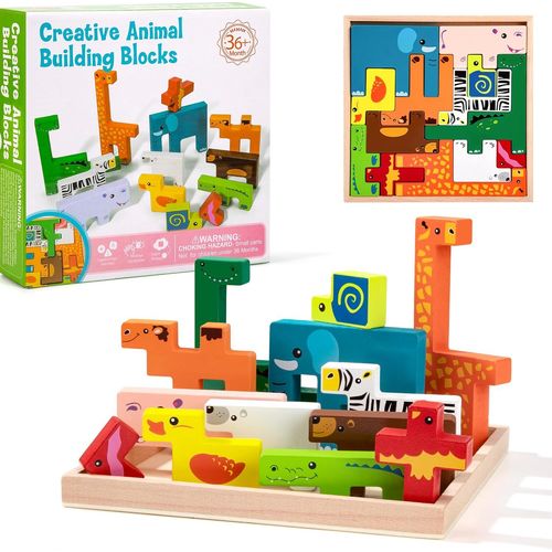 Montessori Puzzle Jouet  Empiler en Bois, Jeux d'empilage Animaux Blocs, Tetris Puzzle 3D Balance Blocks, Jeux Educatif Cadeau de Nol pour Garons et Filles Enfants 3 4 5 Ans