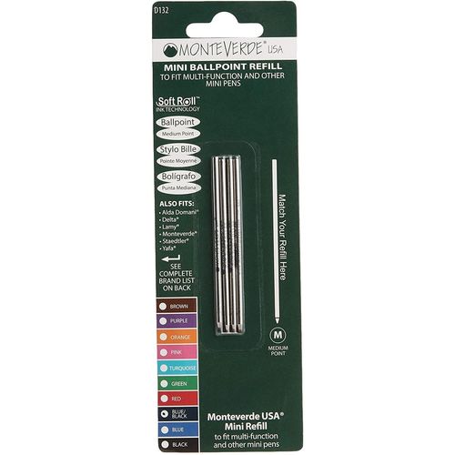 Monteverde Blister 4 Recharges Billes Mini D1 Pointe Moyenne Pour Multifonctions Noir Bleu
